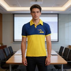 Homem usando camisa para empresa personalizada em sala de reunião.