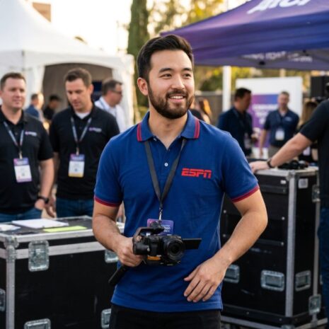 Colaborador da ESPN em evento, ele usa uma camisa polo e segura uma camera de filmagem.