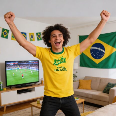 Homem comemorando gol do Brasil, ele usa uma camisa do Brasil