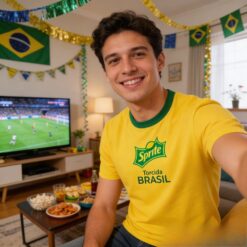 Garoto com blusa do Brasil tirando selfie enquanto assiste o jogo da seleção.