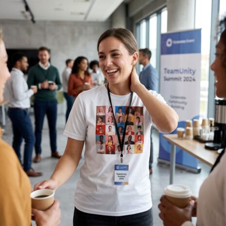 Mulher usando camiseta de poliester branca, ela conversa com algumas pessoas